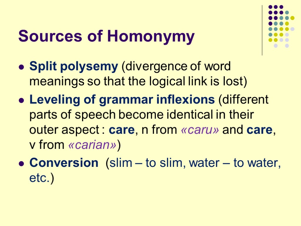 Sources of Homonymy Split polysemy (divergence of word meanings so that the logical link